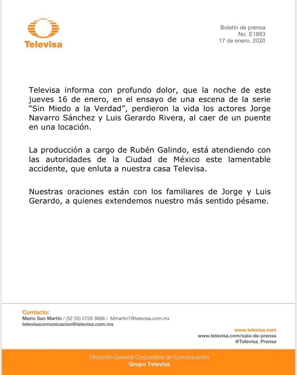 Actores de Televisa mueren durante rodaje de "Sin miedo a la verdad"